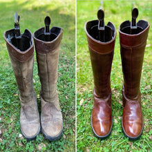 Load image into Gallery viewer, Before and After using Pure Polish Leather Cleaner and Conditioner on a customer&#39;s pair of Dubarry Hunting Boots