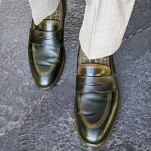 Load image into Gallery viewer, Forest Green Leather Cream used on custom green patina penny loafers