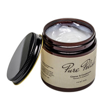Load image into Gallery viewer, Natural Leather Cleaner and Conditioner by Pure Polish used to clean all leather goods, shoes, boots, jackets, furniture, and more open jar on a white background