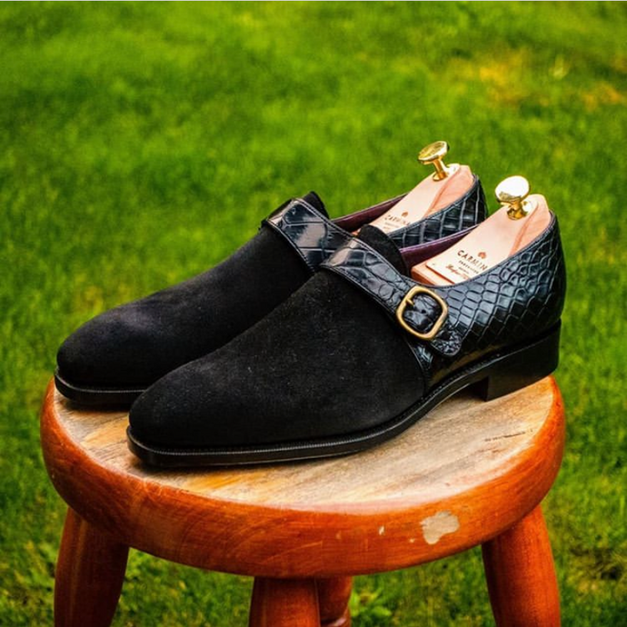 Carmina Shoemaker Custom Black Suede and Crocodile Single Monkstraps with Cleaner Conditioner