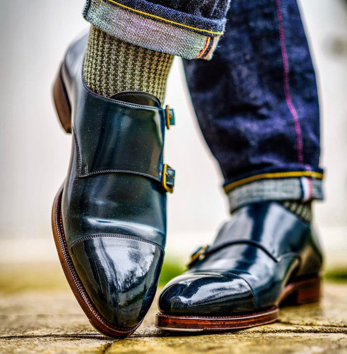 Carmina Shoemaker Navy Blue Shell Cordovan Cap Toe Double Monk Strap Loafers