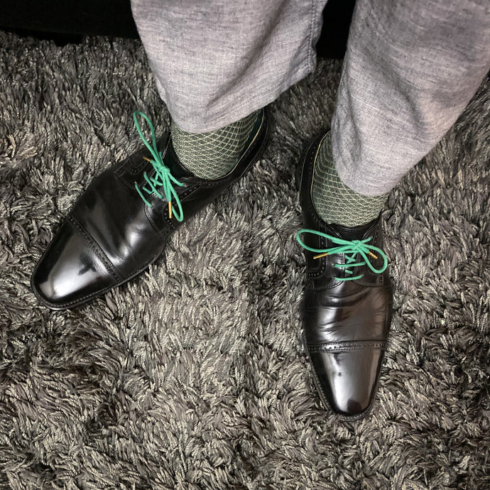 Mirror Shined Nordstrom Derbies with Green Laces, Dress Socks, Grey Twill