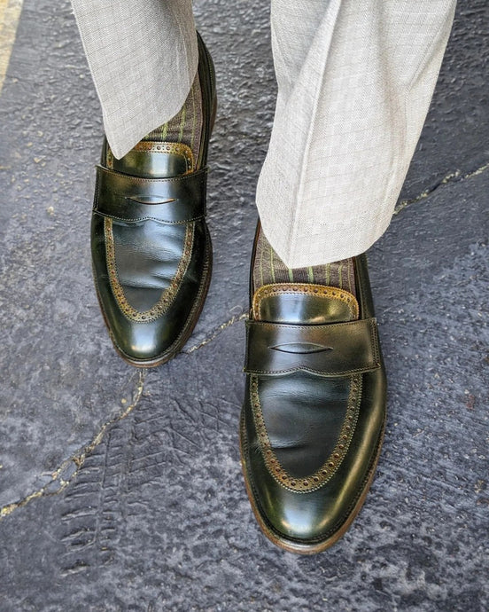 Custom Green Crockett and Jones Penny Loafers