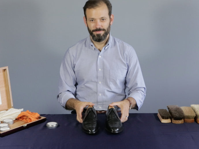 Routine Shoe Shine - Step 1 with Men's Black Crockett & Jones Derbies