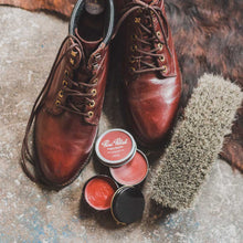 Load image into Gallery viewer, Natural Burgundy Shoe Polish Paste / Wax and Leather Cream with a pair of burgundy lace boots and horsehair brush