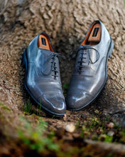 Load image into Gallery viewer, Pair of Grey Allen Edmonds Park Avenue cap-toe dress shoes polished against a tree 