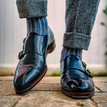 Load image into Gallery viewer, Navy Blue Water Resistant Leather Cream used to polish this pair of Navy Blue Shell Cordovan Carmina Monkstraps