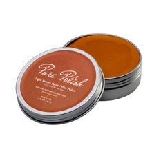 Load image into Gallery viewer, Light Brown Shoe Polish Paste / Wax used for shining leather shoes and boots made by Pure Polish open tin on white background