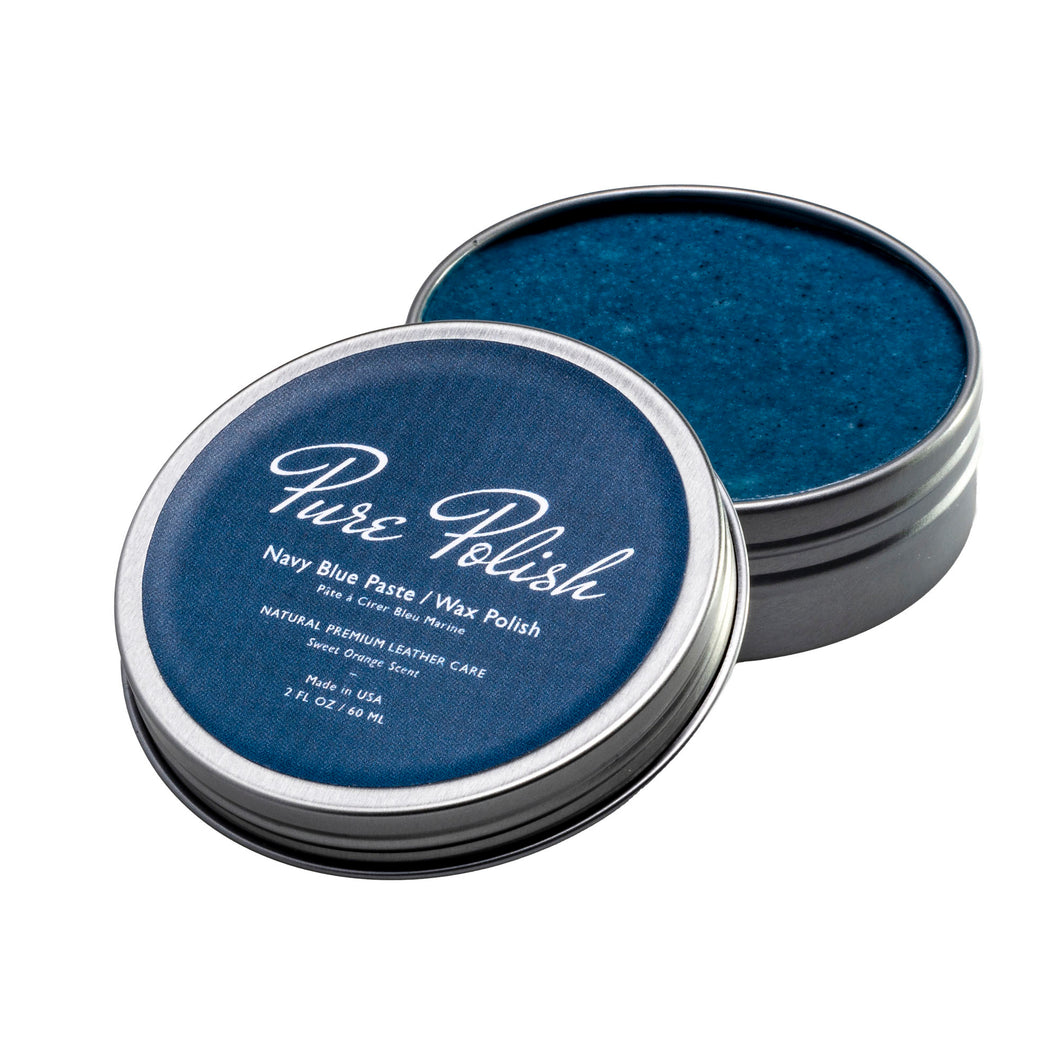 Navy Blue Shoe Polish Paste / Wax used for shining leather shoes and boots by Pure Polish open tin on white background