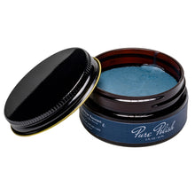 Load image into Gallery viewer, Navy Blue Water Resistant Leather Cream used for reducing water spotting and rain penetration of leather shoes and boots open jar on white background